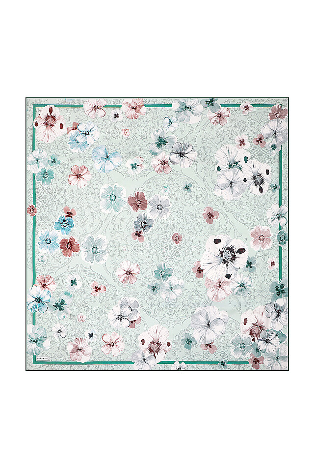 Mint Poppy Pattern Double-Sided Twill Silk Scarf 