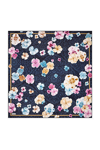 Navy Blue Poppy Pattern Double-Sided Twill Silk Scarf 