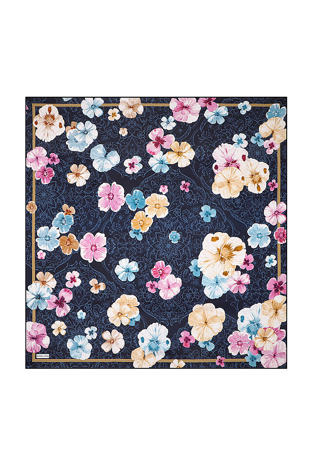 Navy Blue Poppy Pattern Double-Sided Twill Silk Scarf 