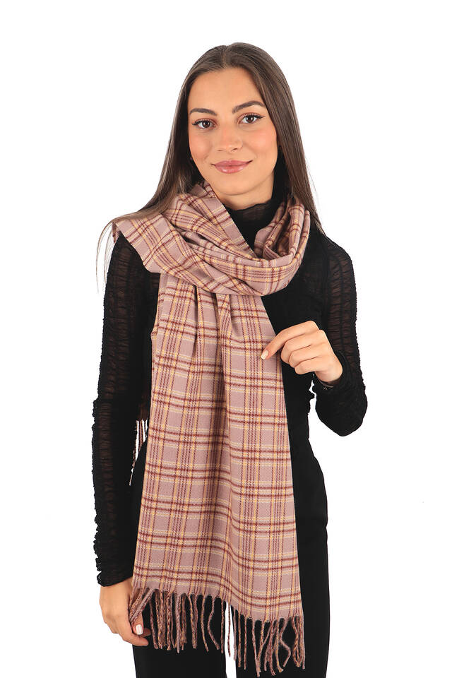 Powder Yellow Plaid Pattern Winter Shawl - 2