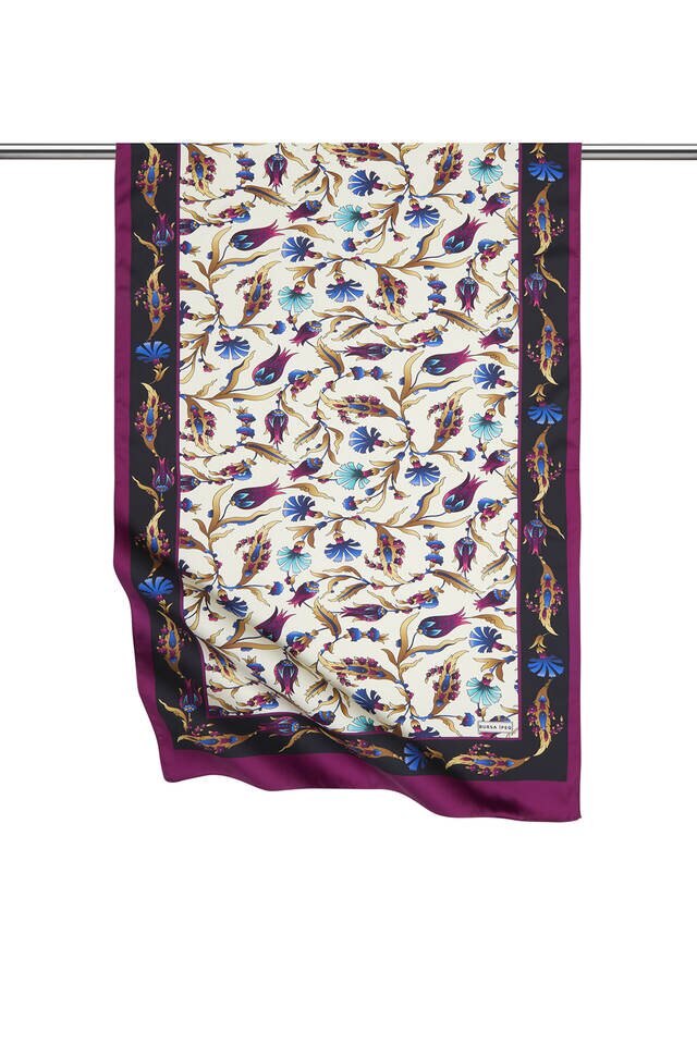 Purple Black Carnation Tulip Pattern Wide Silky Foulard 