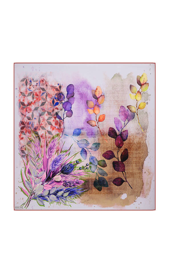 Purple Botanical Pattern Sura Silk Square Scarf 