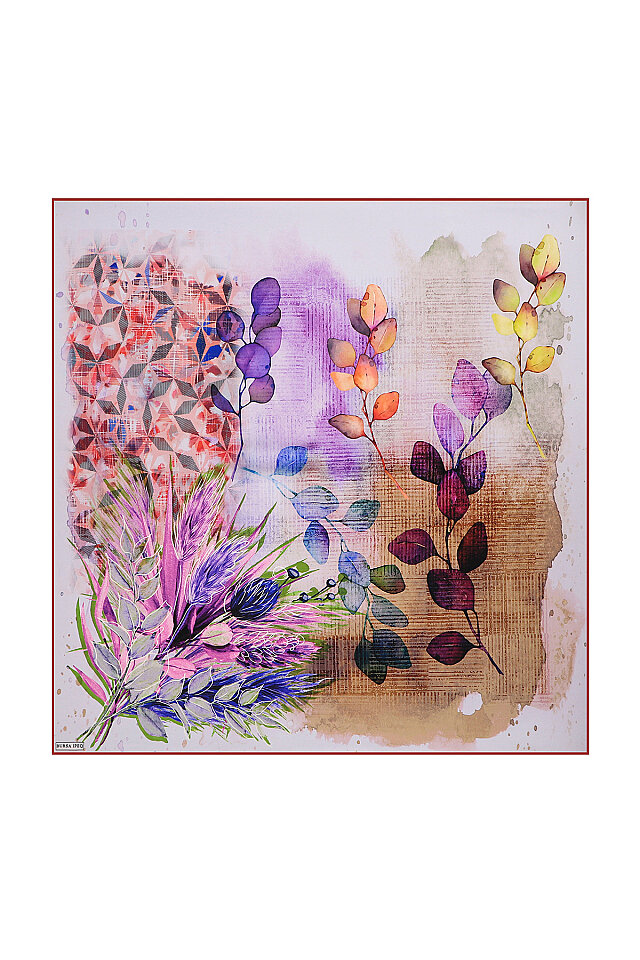 Purple Botanical Pattern Sura Silk Square Scarf 