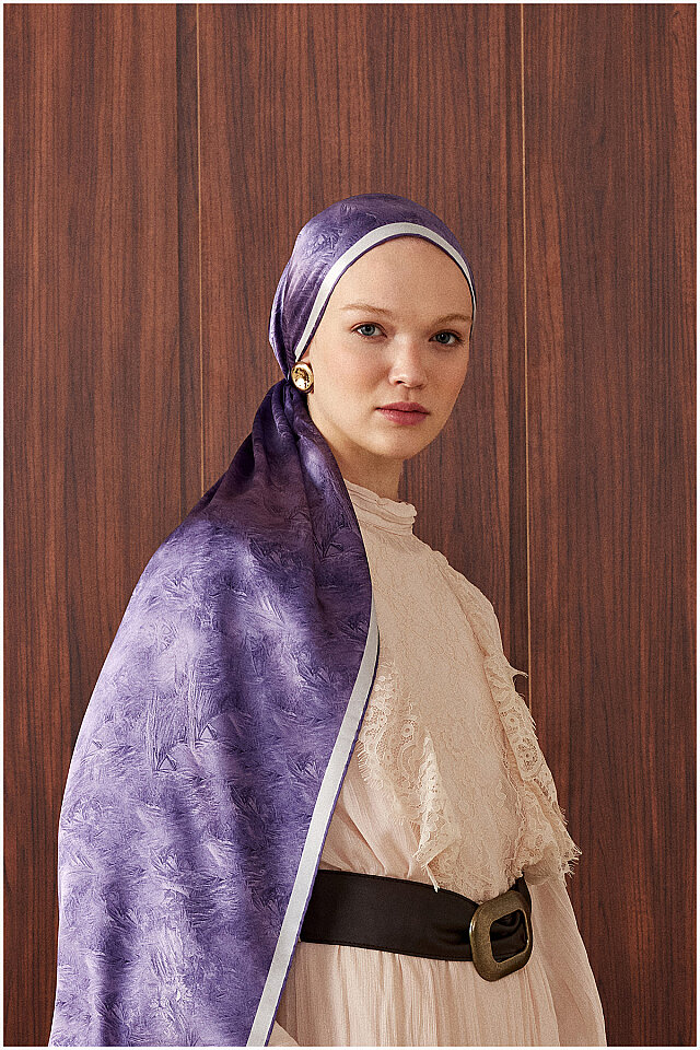 Purple Brush Pattern Silk Scarf - Bursa İpek