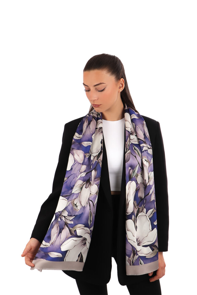 Purple Daffodil Pattern Silk Foulard - Bursa İpek