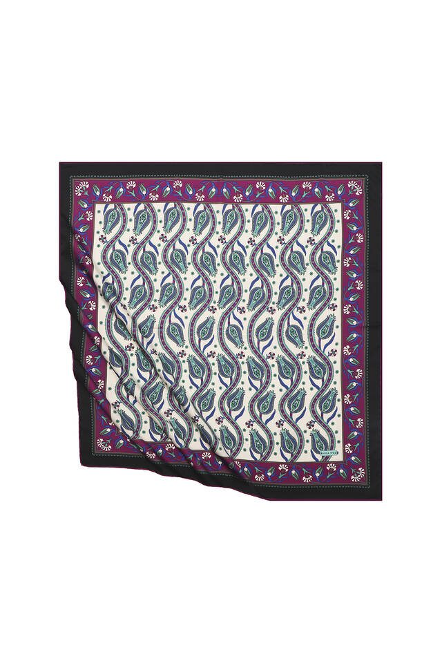 Purple Ivy Tulip Pattern Silky Square Scarf - Bursa İpek
