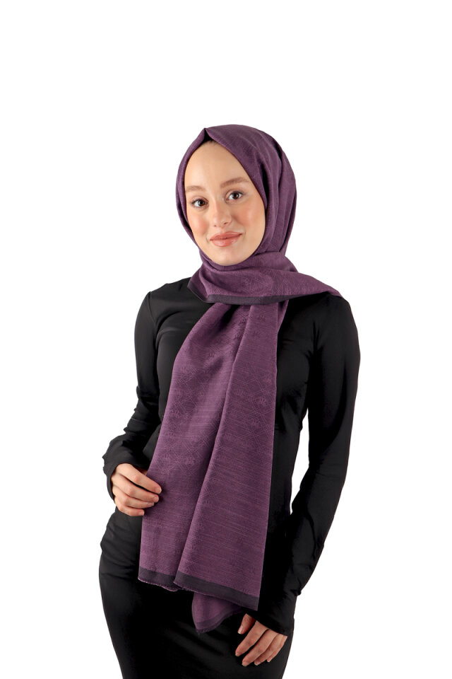 Purple Monogram Pattern Silk Cotton Scarf - Bursa İpek