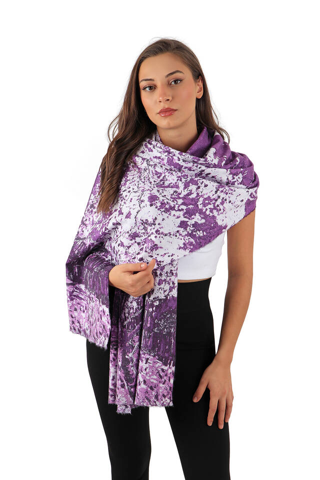 Purple Peach Tree Pattern Winter Shawl - Bursa İpek