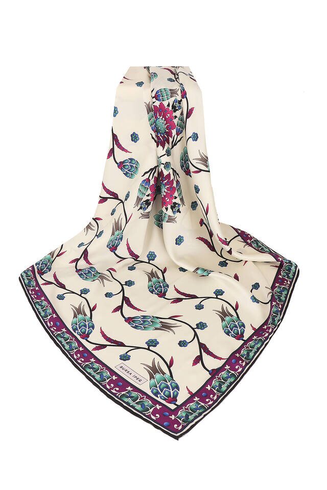 Purple Tulip Pattern Silk Square Scarf - 3