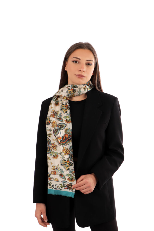 Beige Shawl Pattern Voile Silk Scarf 