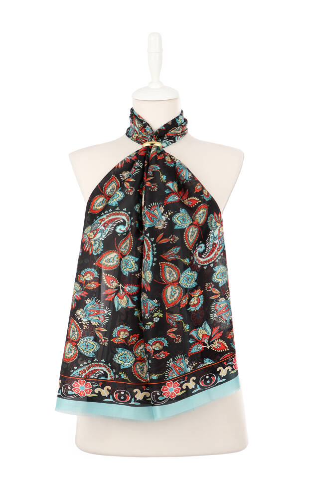 Black Shawl Pattern Voile Silk Scarf - 2