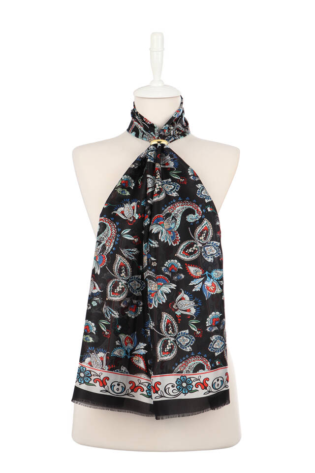 Black Shawl Pattern Voile Silk Scarf - 2