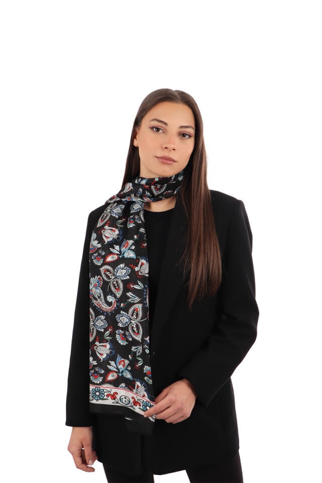 Black Shawl Pattern Voile Silk Scarf 