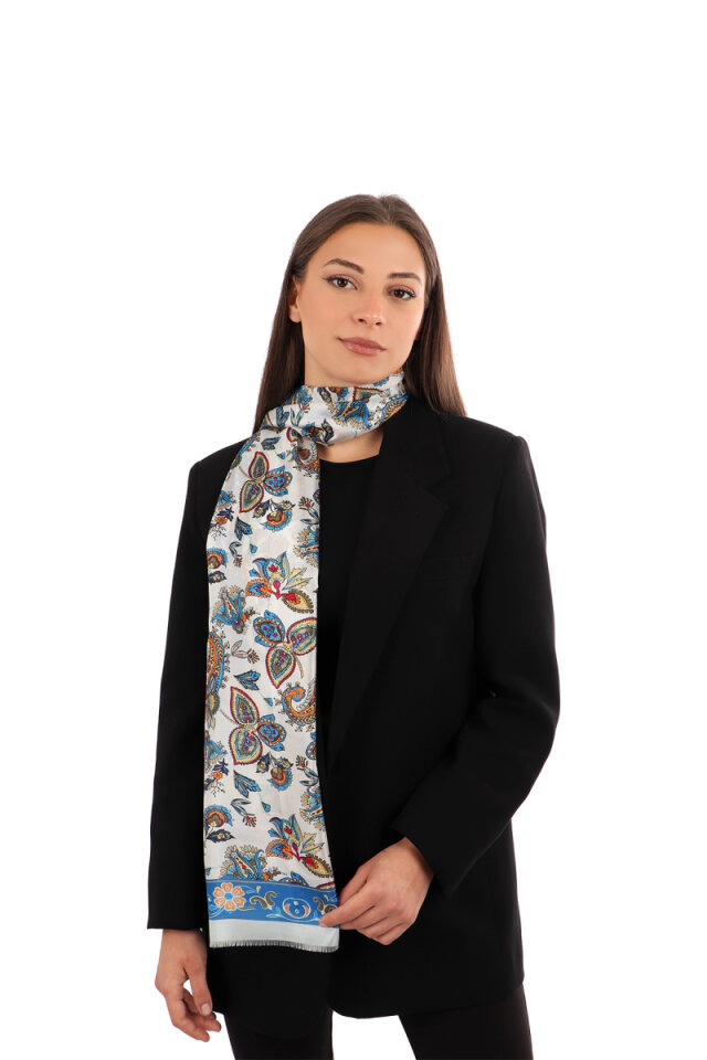 Blue Shawl Pattern Voile Silk Scarf 