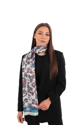 Petrol Blue Shawl Pattern Voile Silk Scarf 