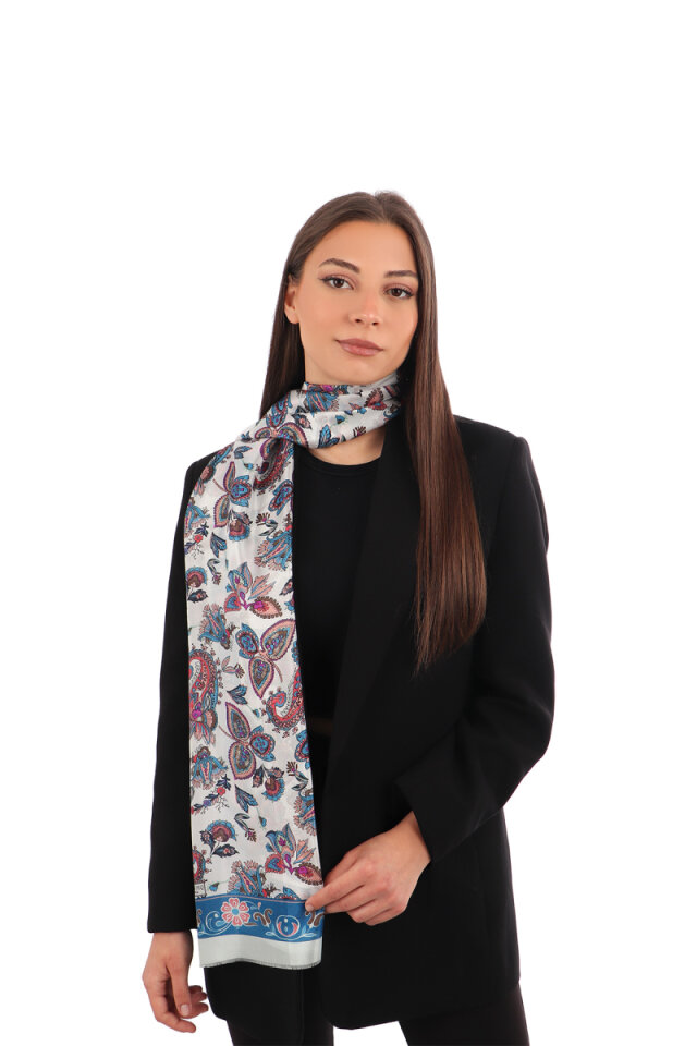 Petrol Blue Shawl Pattern Voile Silk Scarf 