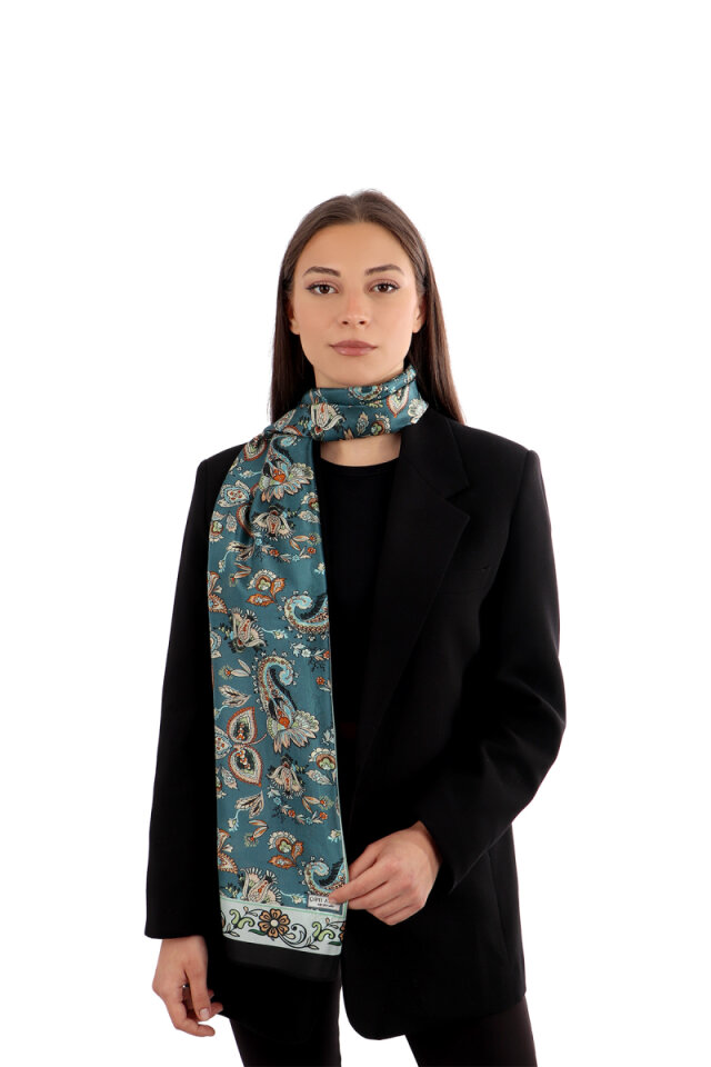 Petrol Green Shawl Pattern Voile Silk Scarf 