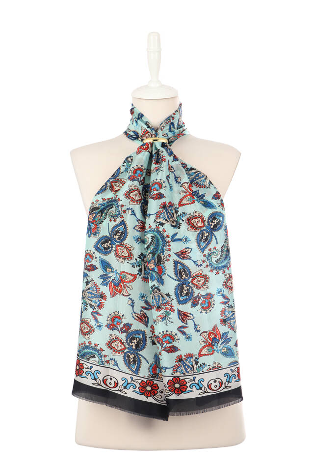 Aqua Green Shawl Pattern Voile Silk Scarf - 2