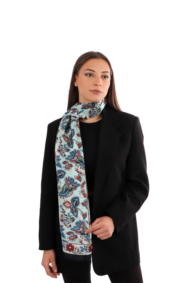 Aqua Green Shawl Pattern Voile Silk Scarf 