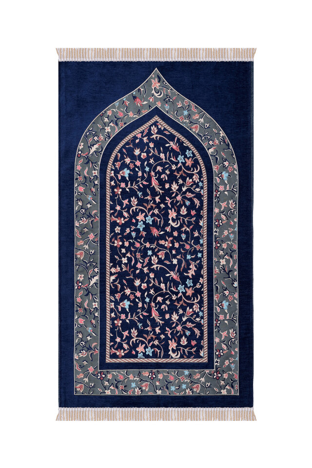 Lacivert Ravza Desen Özel Dokuma Seccade - Bursa İpek