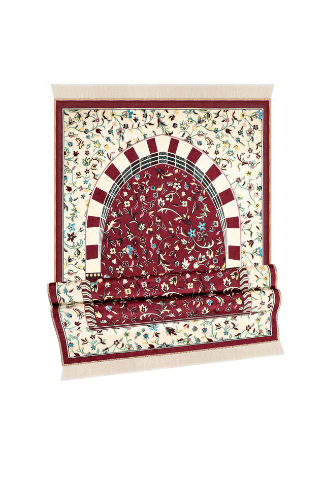 Bordo Ravza Desen Kadife Halı Seccade - 4
