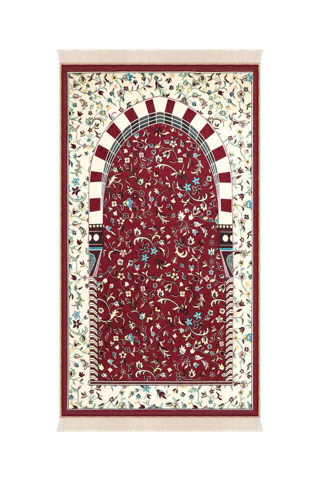 Bordo Ravza Desen Süngerli Kadife Seccade - Bursa İpek