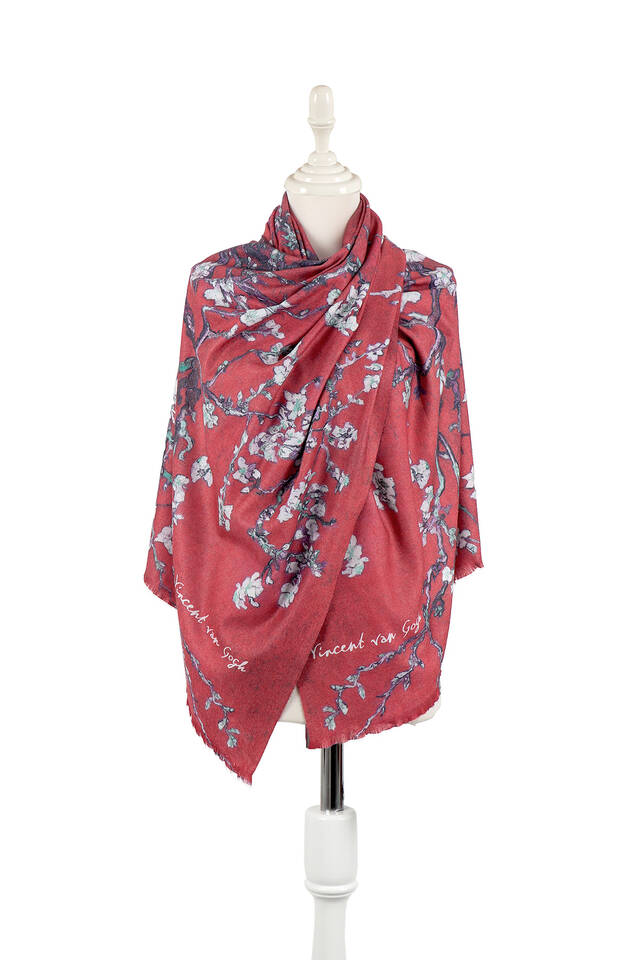 Red Almond Blossom Pattern Winter Shawl - Bursa İpek