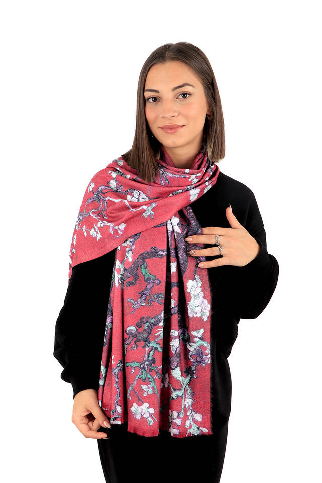 Red Almond Blossom Pattern Winter Shawl - Bursa İpek