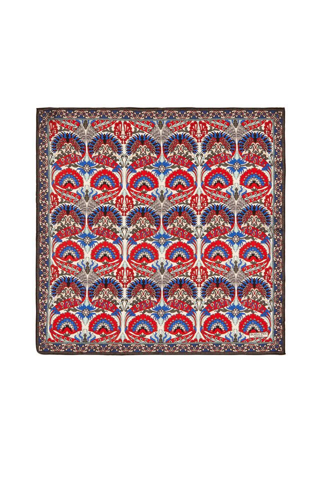 Red Anthracite Peacock Pattern Silk Pocket Square - Bursa İpek
