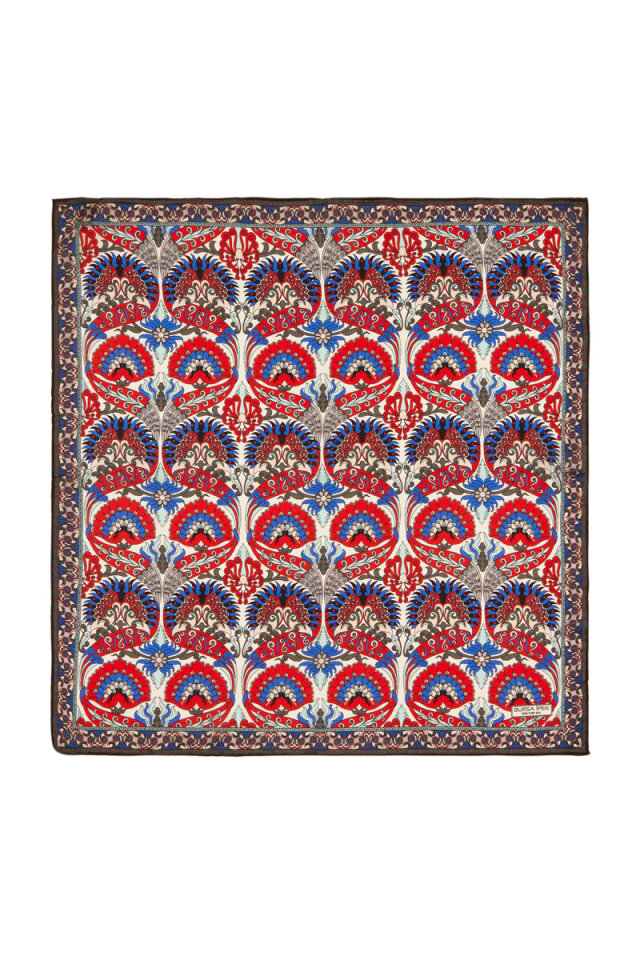 Red Anthracite Peacock Pattern Silk Pocket Square - Bursa İpek