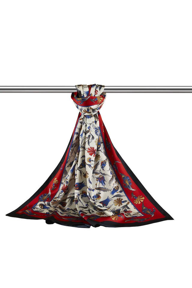 Red Black Carnation Tulip Pattern Wide Silky Foulard - 3