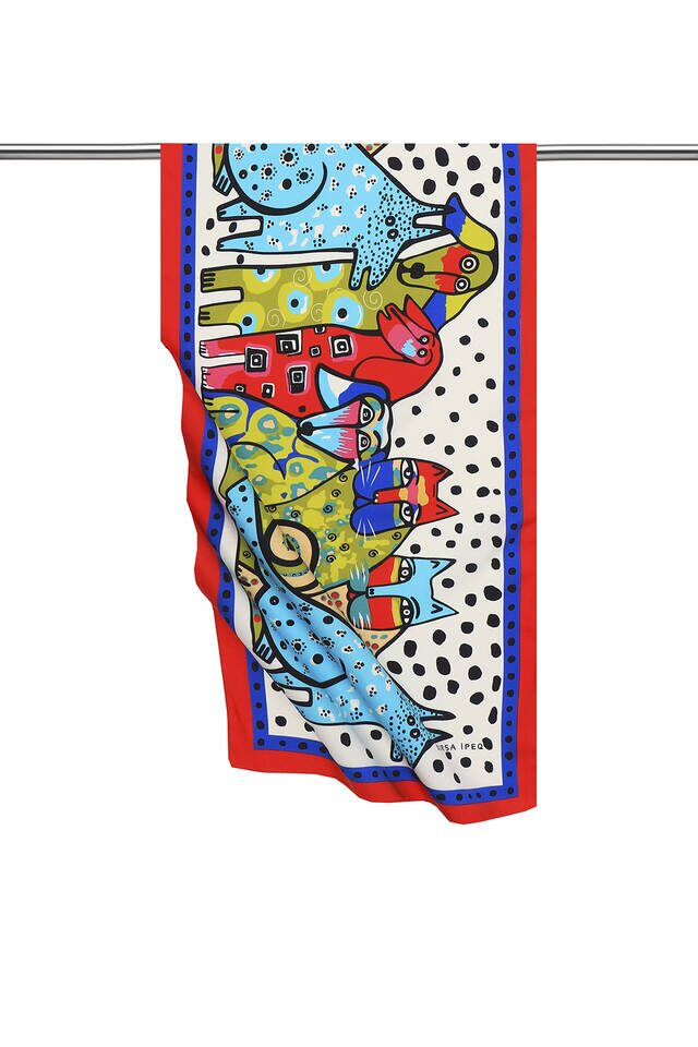 Red Black Patterned Silky Foulard - 1