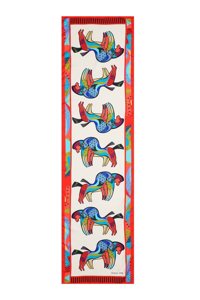 Red Black Patterned Silky Foulard - 4