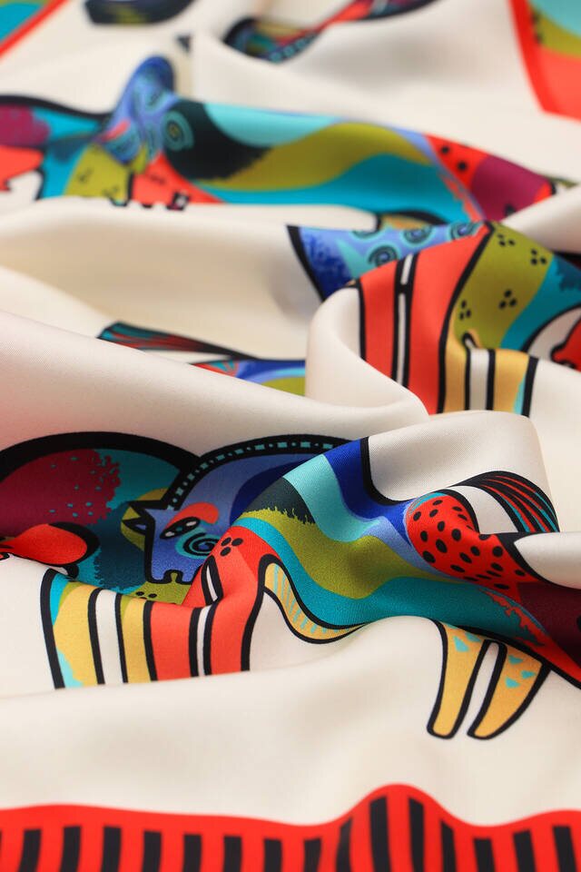 Red Black Patterned Silky Foulard - 3