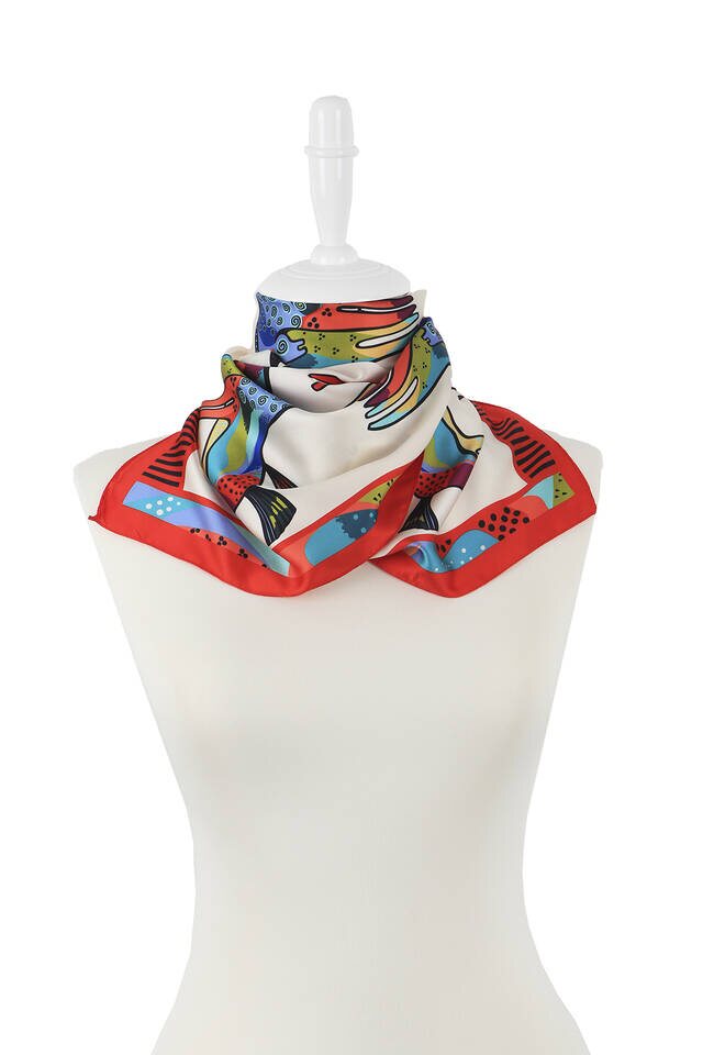 Red Black Patterned Silky Foulard - 2