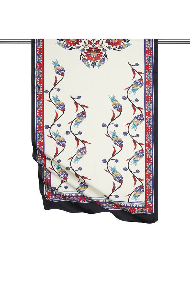 Red Black Row Tulip Pattern Wide Silky Foulard 