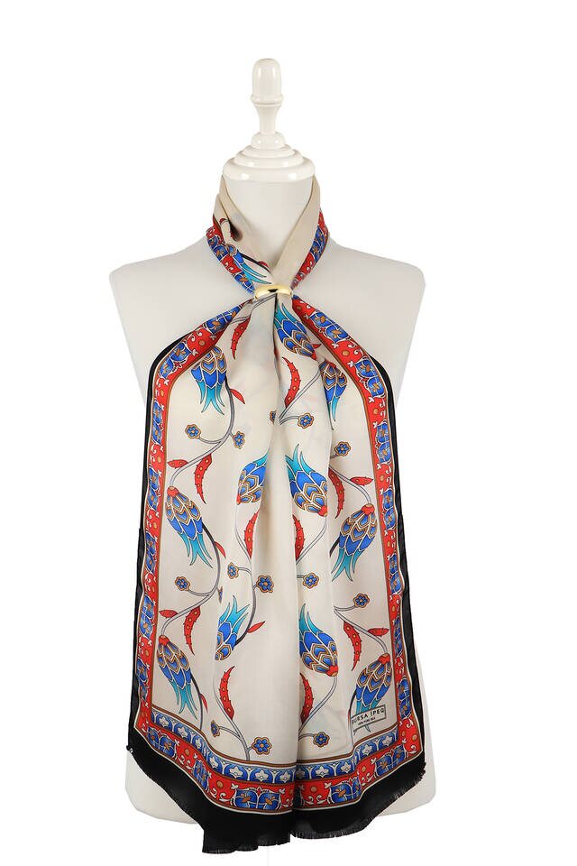 Red Black Row Tulip Silk Foulard 