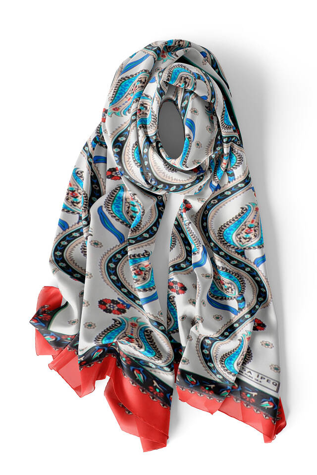 Red Black Row Tulip Voile Silk Foulard - 3