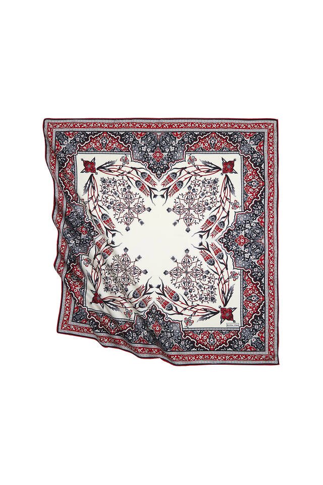 Red Black Turkish Motif Candlestick Tulip Pattern Silk Square Scarf 