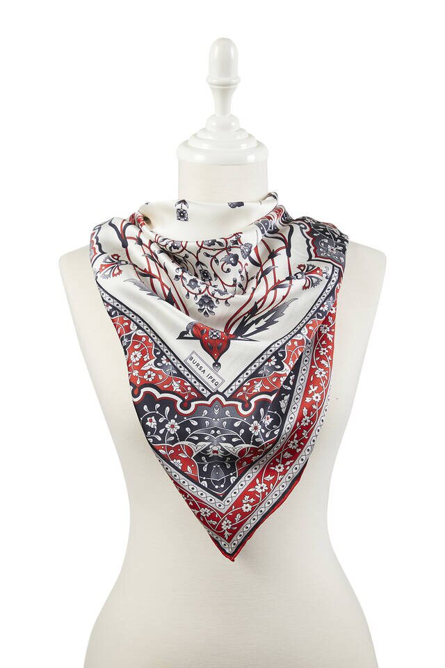 Red Black Turkish Motif Candlestick Tulip Pattern Silk Square Scarf - 2