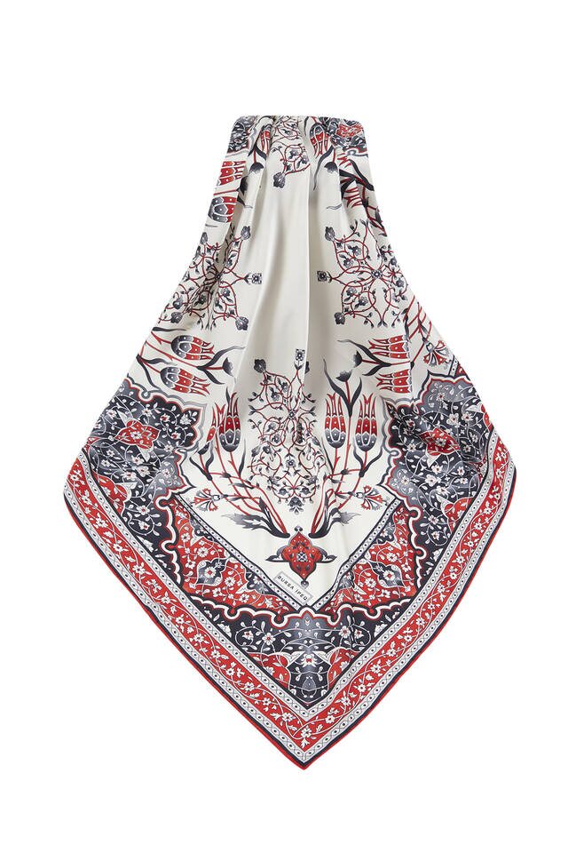 Red Black Turkish Motif Candlestick Tulip Pattern Silk Square Scarf - 3