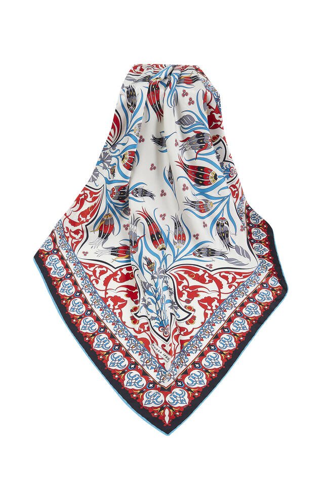 Red Black Turkish Pattern Cintemani Carnation Pattern Silky Square Scarf - 3