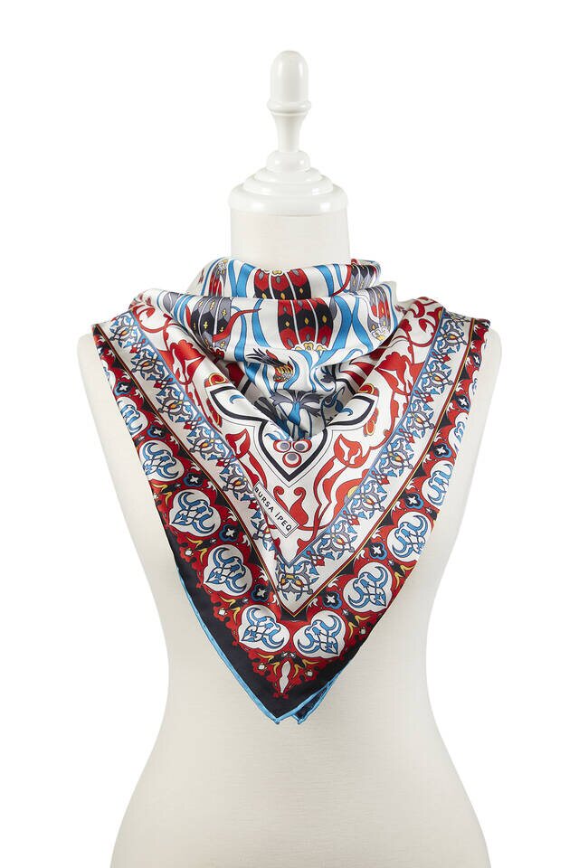 Red Black Turkish Pattern Cintemani Carnation Pattern Silky Square Scarf - 2