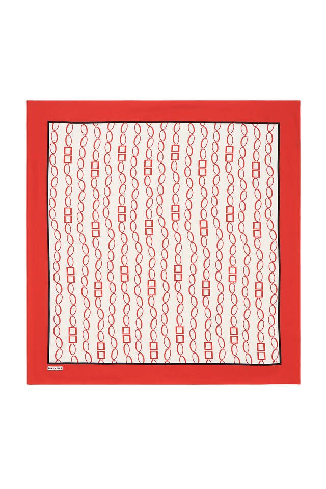 Red Chain Pattern Twill Silk Square Scarf 
