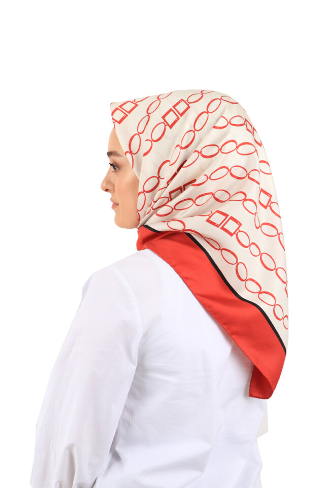 Red Chain Pattern Twill Silk Square Scarf 