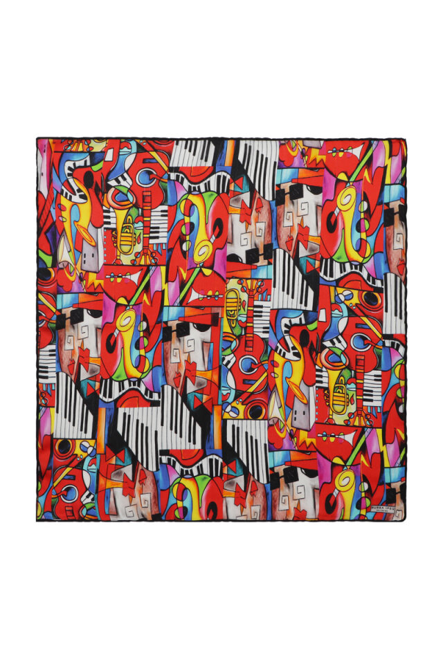 Red Cubik Jazz Pattern Silk Pocket Square - Bursa İpek