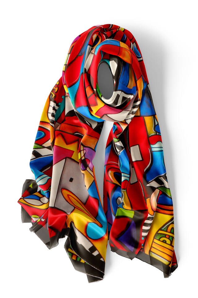 Red Cubik Jazz Silk Painting Foulard - 4