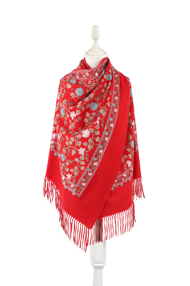 Red Embroidered Winter Shawl - Bursa İpek