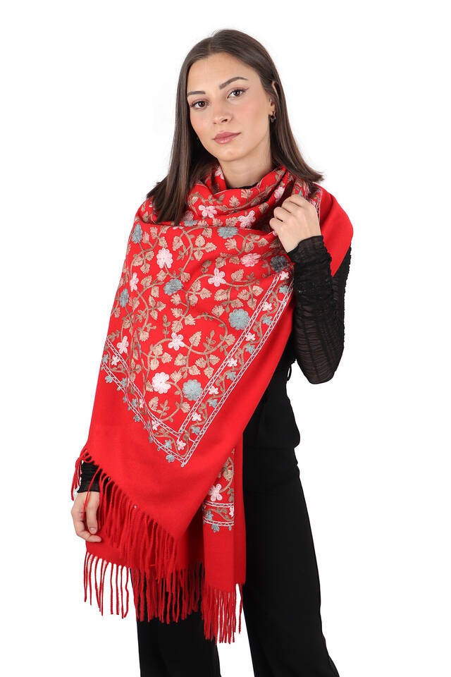 Red Embroidered Winter Shawl - 2