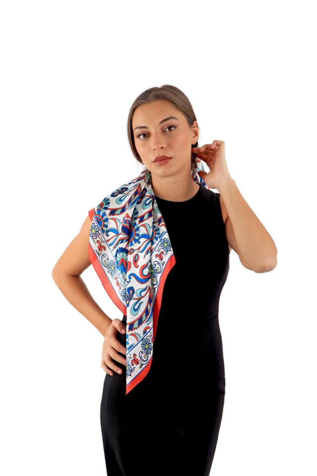Red Flower Pattern Voile Silk Square Scarf - 2